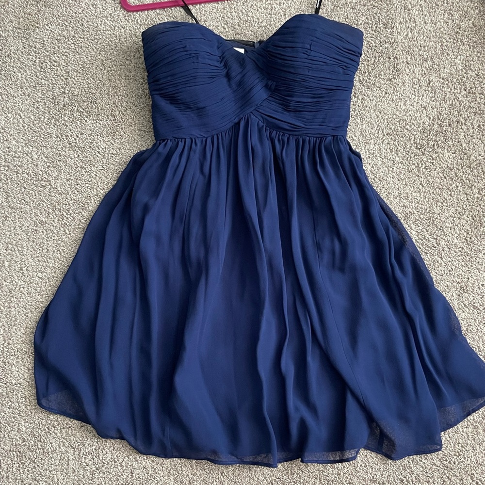 Donna Morgan navy blue strapless bridesmaids dress
